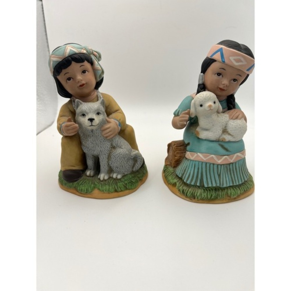Vintage Homco 1428 Native American Children Figurines Boy Wolf Girl Lamb Set 2